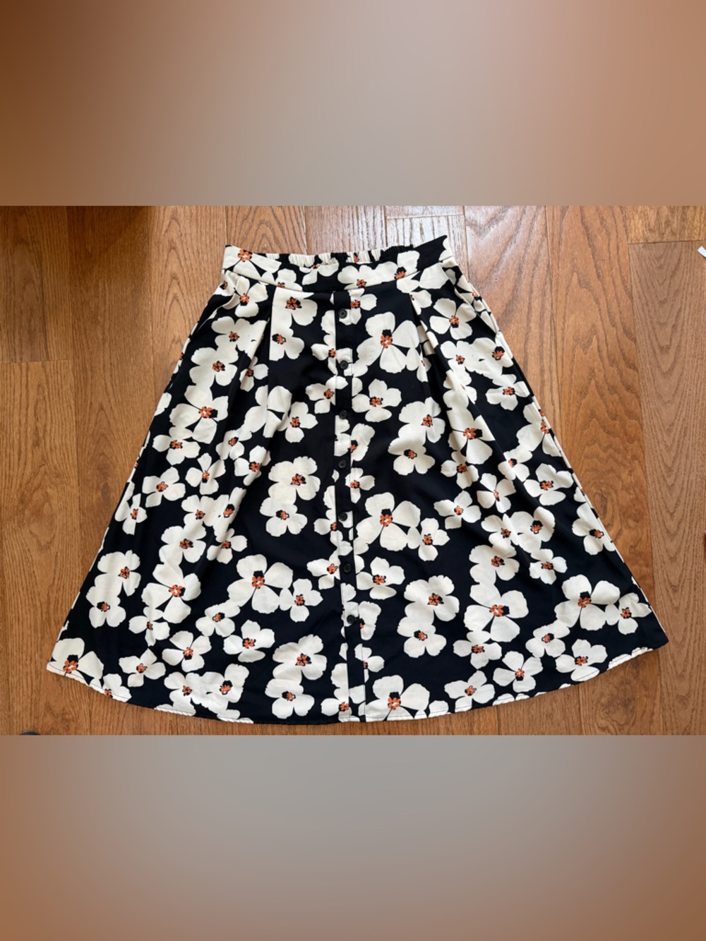 Indigo Floral A-Line Skirt in Black and White with Brown Accents